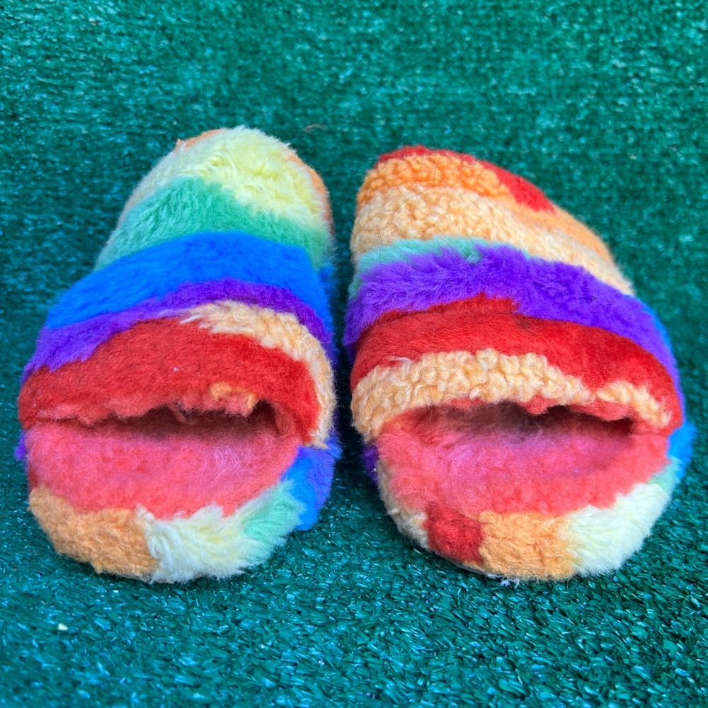 UGG Fluff Yeah Pride Rainbow Multi Color Sheepskin Slide Sandals Womens 7